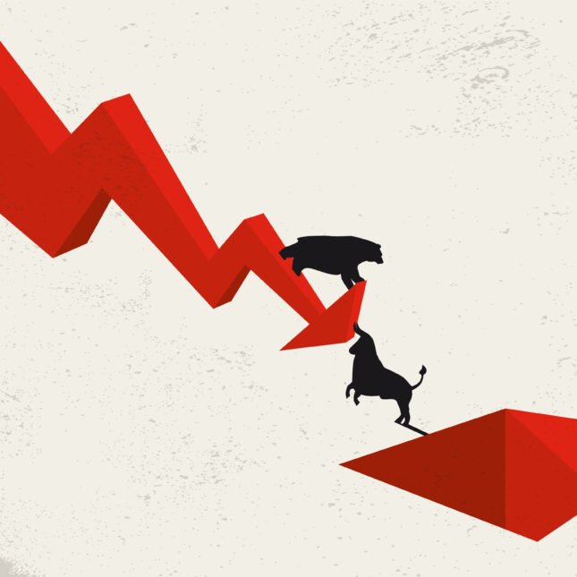 Illustration of a bear on a red arrow with a bull underneath pushing the arrow upward. -- biotech coverage from STAT