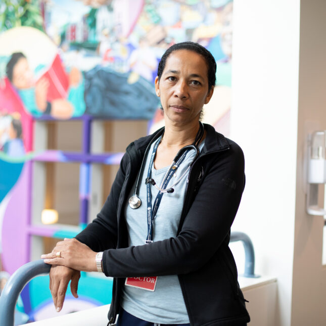 Pediatrician Alexandra Epee-Bounya poses for a portrait at Boston Children's Martha Eliot clinic on July 10, 2024, in Boston, Massachusetts.