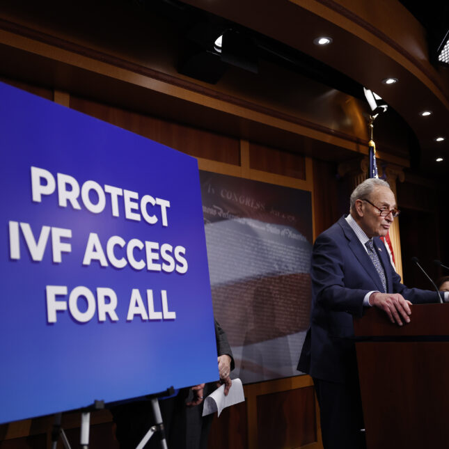 Senate Majority Leader Chuck Schumer (D-NY) speaks during a news conference at the U.S. Capitol on protections for access to in vitro fertilization -- health policy coverage from STAT